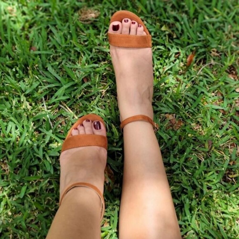 Tan Suede Ankle Strap Block Heel Dress Sandals - Picture 11 of 11